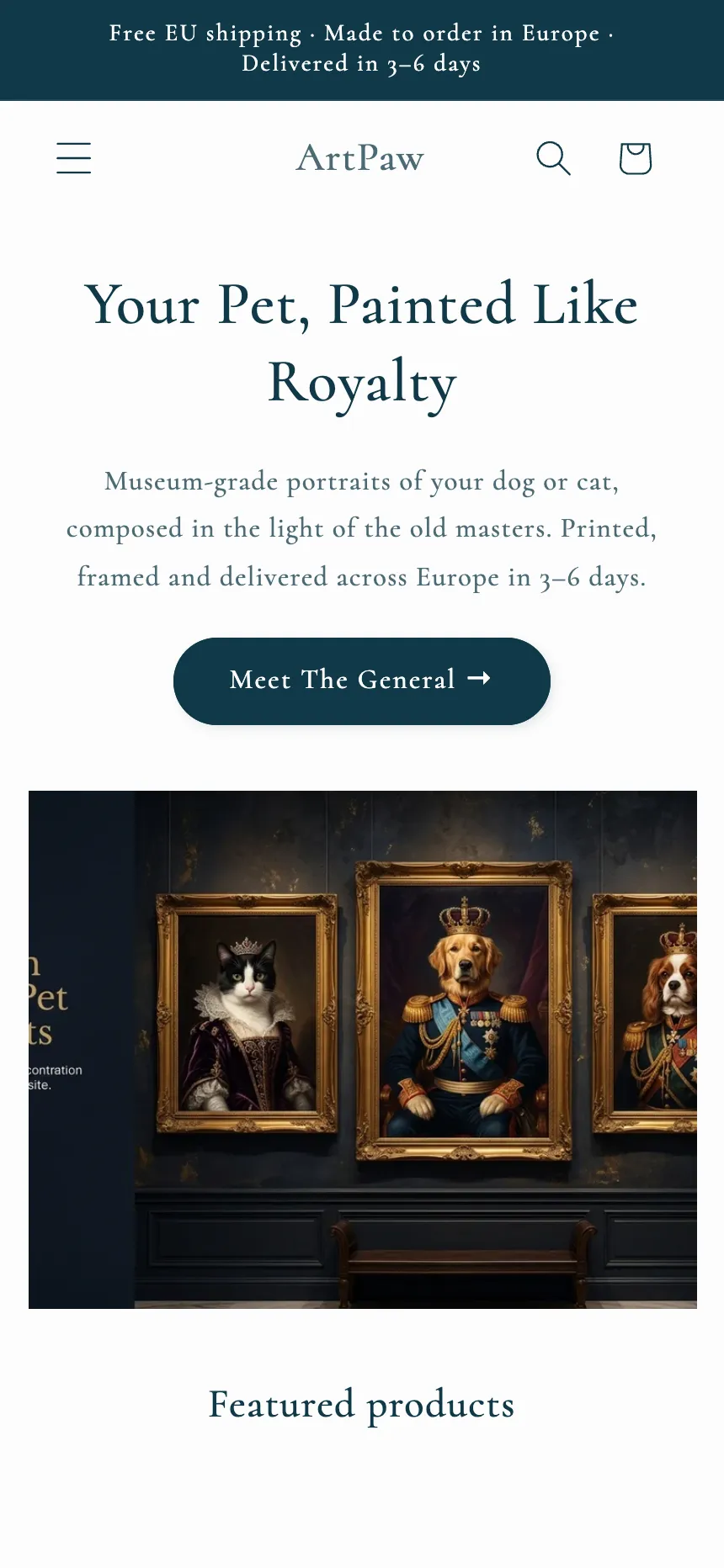 ArtPaw — storefront hero: 'Your Pet, Painted Like Royalty' with a gallery of framed renaissance pet portraits