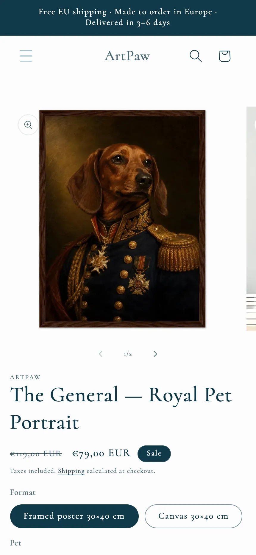 ArtPaw — product page for 'The General — Royal Pet Portrait' showing price, sale, tax-included note, and format options