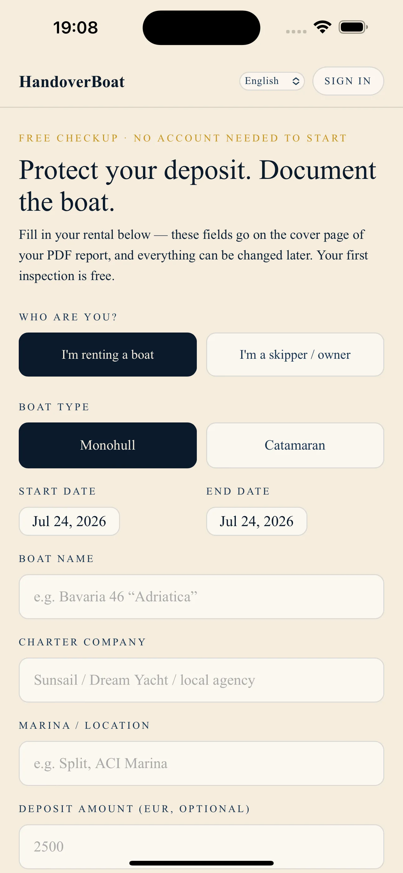 HandoverBoat — start screen with the rental setup form and the headline 'Protect your deposit. Document the boat.'