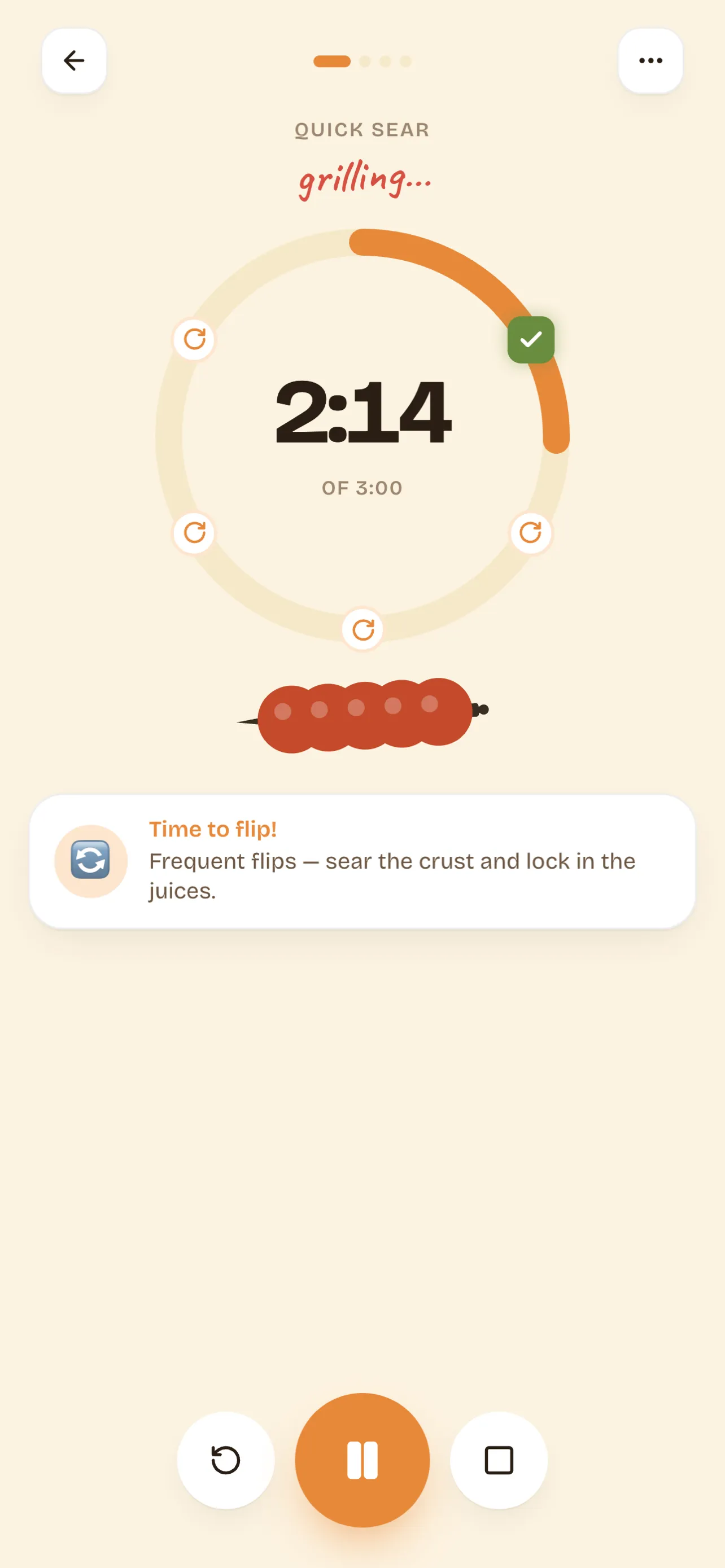 Shashlyk Assistant — live grilling timer with a 'Time to flip!' cue and a skewer illustration