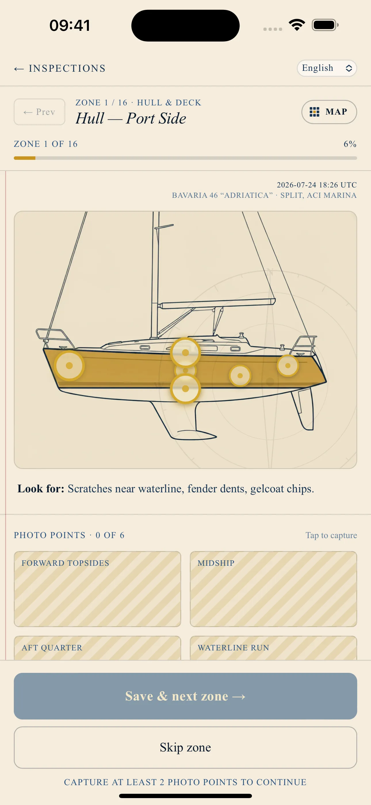 HandoverBoat — guided inspection walk showing a full sailboat illustration with photo-capture points across sixteen zones